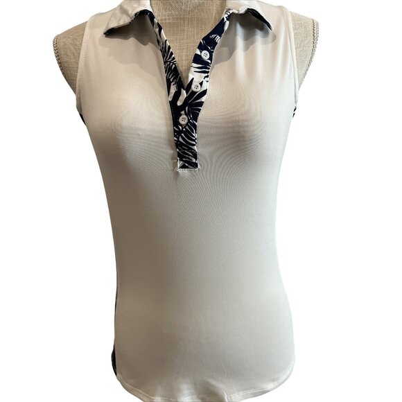 Sleeveless White Polo Tank Top With Navy Tropical Print Accents By Pin Clover Si - Picture 1 of 7